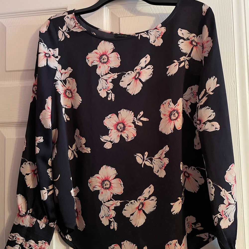Ann Taylor Dark Blue Floral Blouse